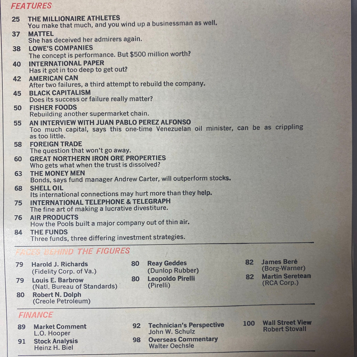 Table of contents from Forbes Magazine September 15, 1972 showcasing featured articles including topics about millionaire athletes, corporate insights, and investment strategies.