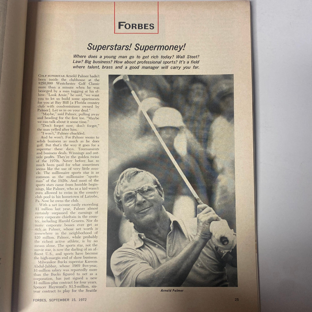Page from Forbes Magazine September 15, 1972 with article 'Superstars! Supermoney!' discussing the financial landscape of professional sports, featuring an image of golfer Arnold Palmer.