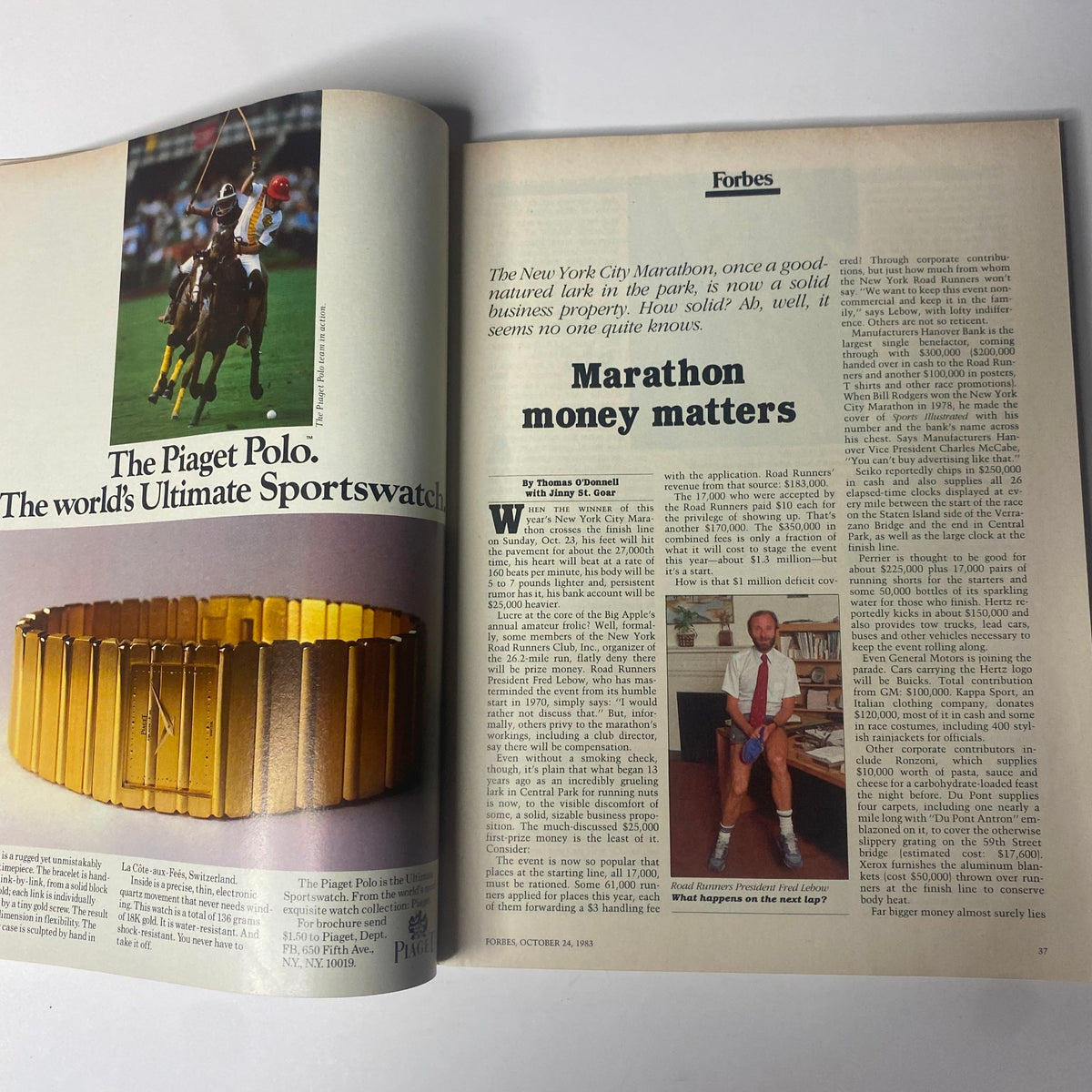 Forbes Magazine October 24, 1983 featuring content about the New York City Marathon and 'Marathon Money Matters', illustrating the publication's focus on finance-related articles.