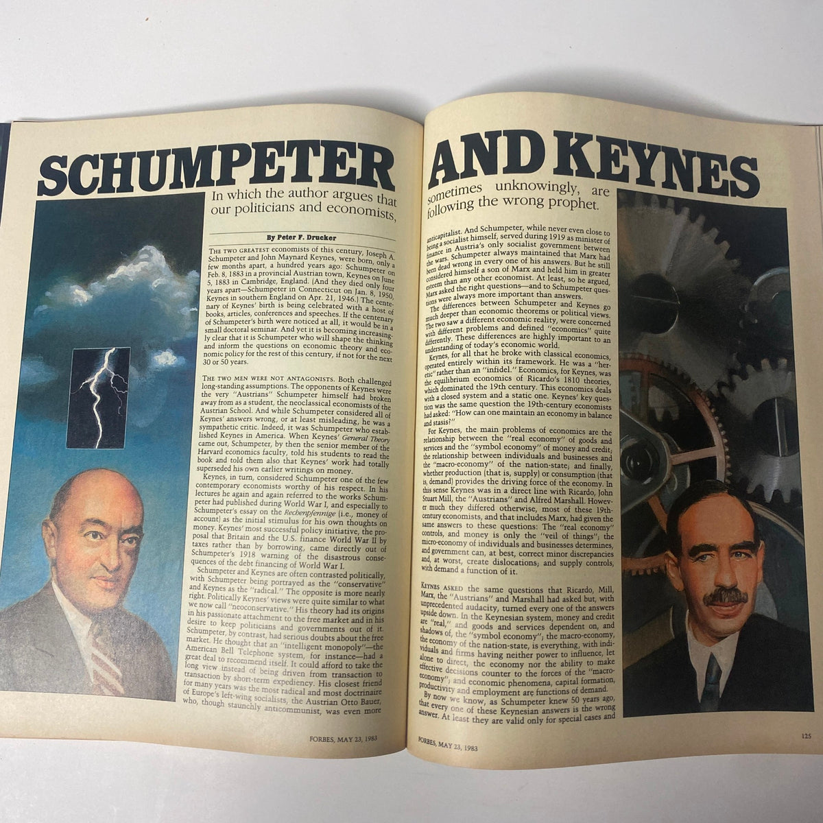 Spread in Forbes Magazine May 23, 1983 focusing on the debate between economists Joseph A. Schumpeter and John Maynard Keynes.