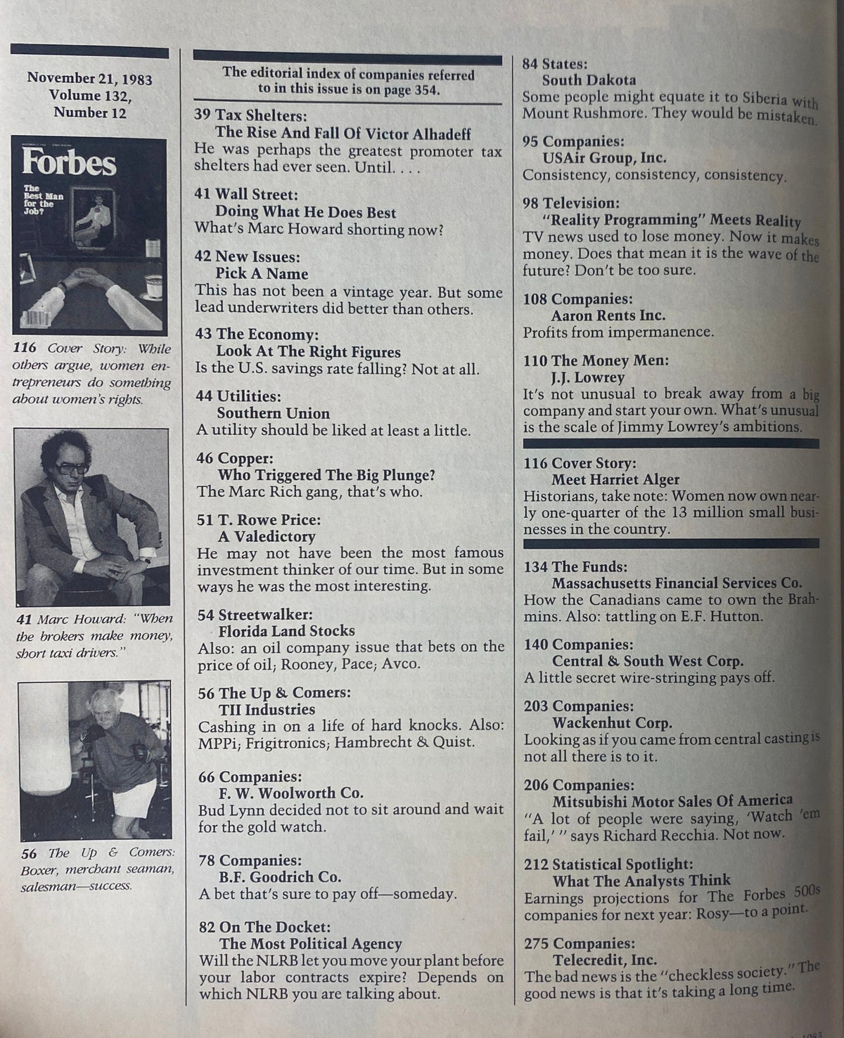 Forbes Magazine November 21, 1983 featuring the editorial index and highlights of articles including topics like Wall Street, tax shelters, and women in business.