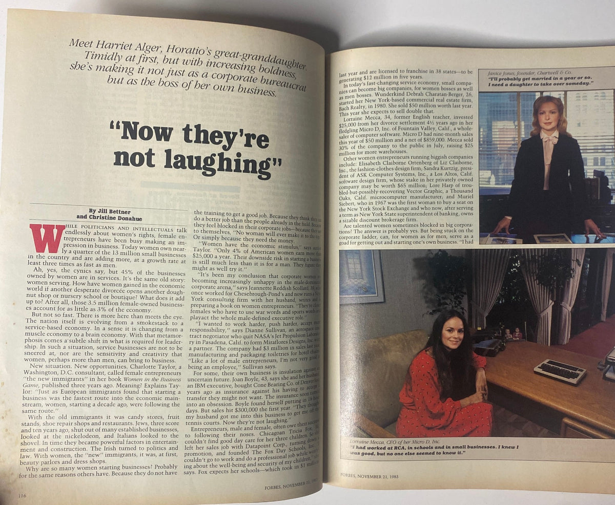 Forbes Magazine November 21, 1983 highlighting the article about Harriet Alger and the rise of women entrepreneurs in business.