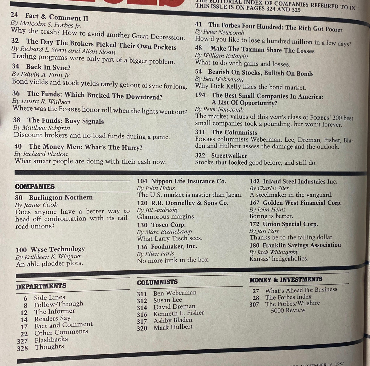 Inside pages of Forbes Magazine, November 16, 1987, featuring articles on investment strategies post-Black Monday crash.