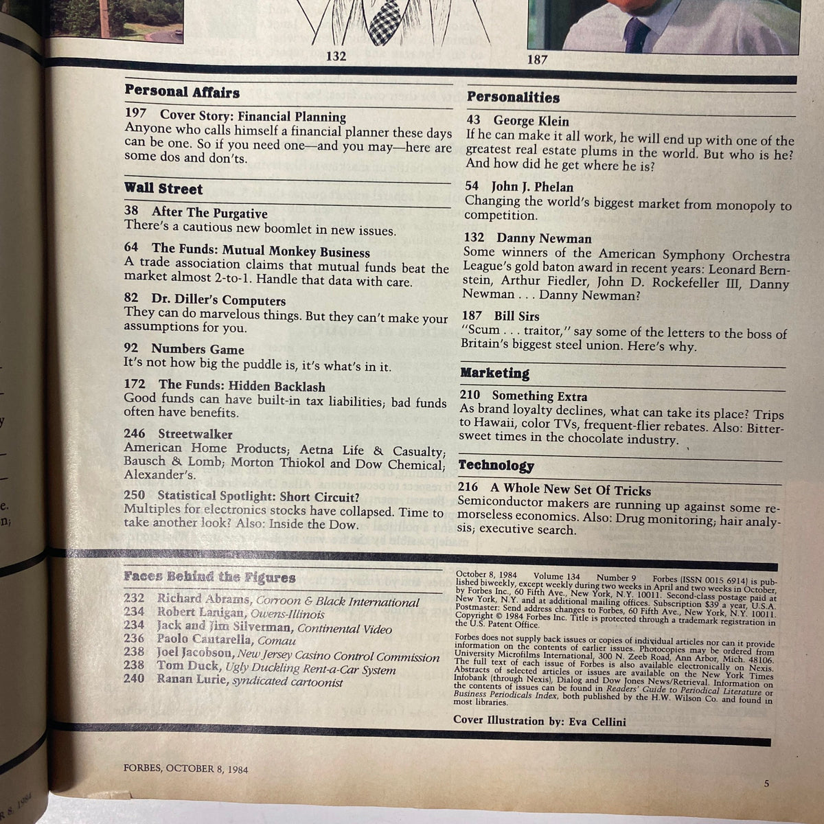 Pages from Forbes Magazine dated October 8, 1984, showcasing sections on personal affairs and personalities, including a cover story about financial planning.