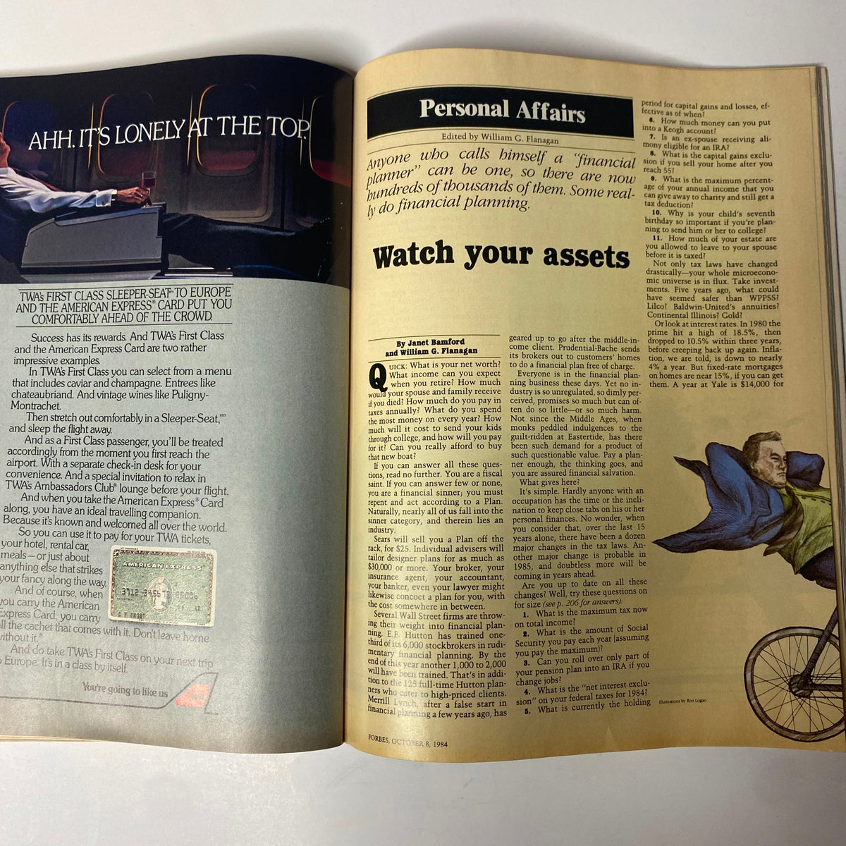 Inside pages of Forbes Magazine from October 8, 1984, discussing personal finance topics, including the rise of financial planners and investment strategies.