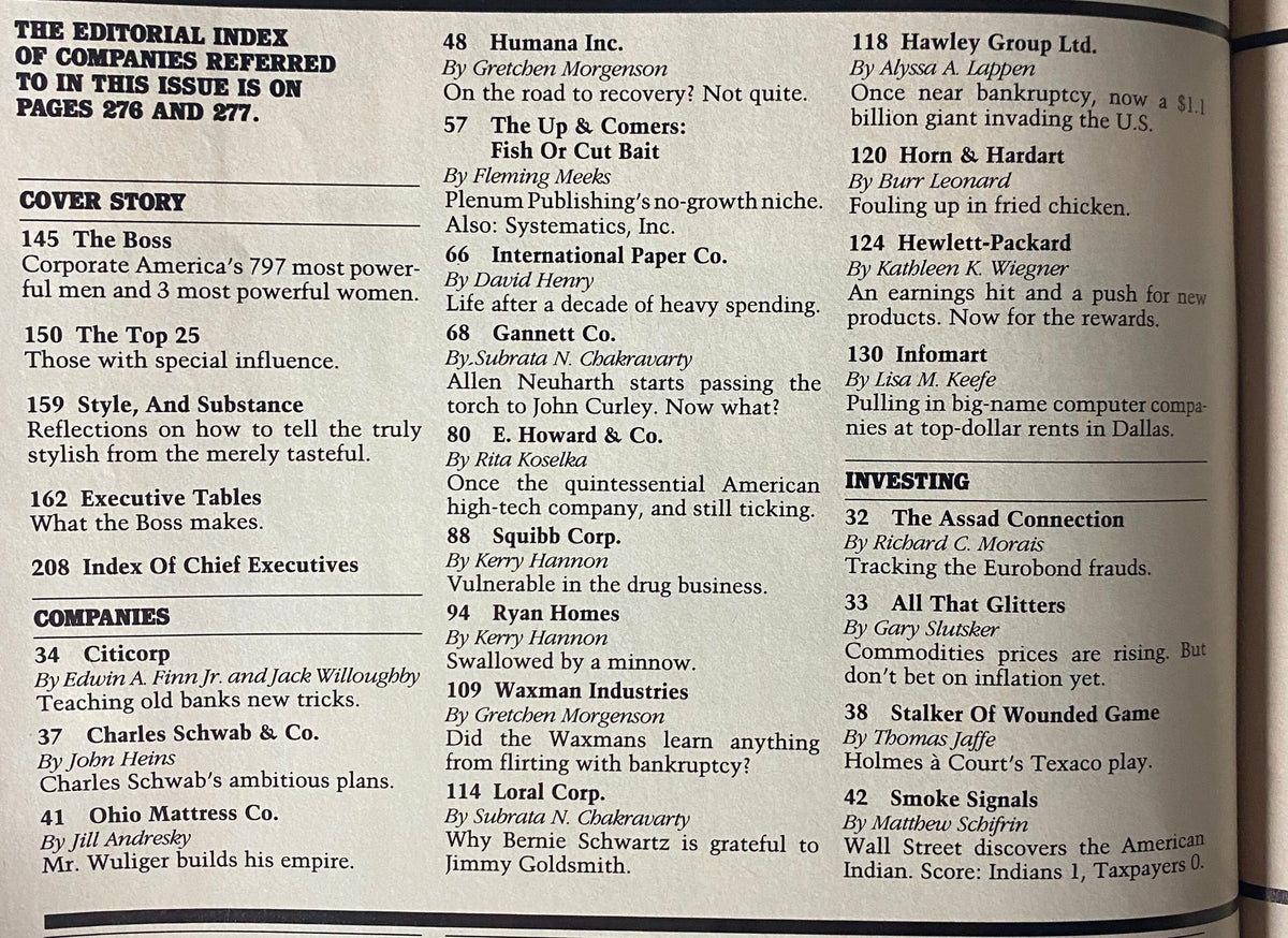 Editorial index page from Forbes Magazine June 15, 1987 listing featured stories and companies covered in the issue.