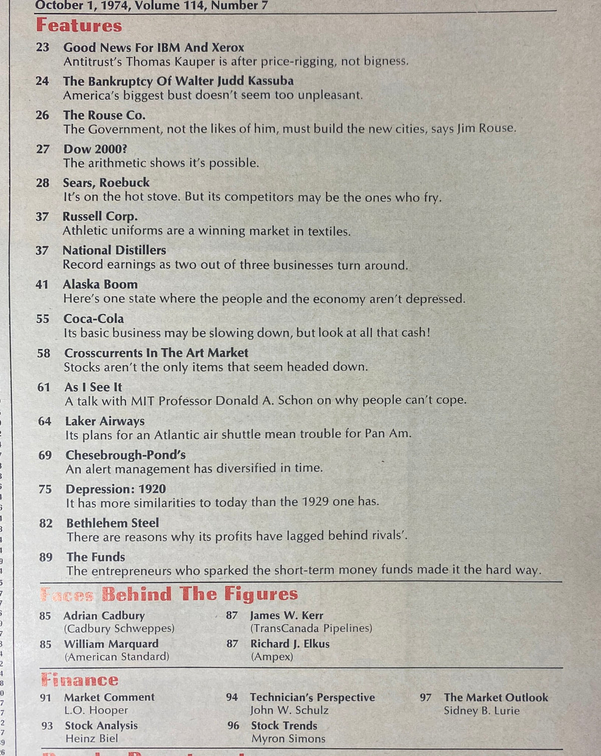 Table of contents for Forbes Magazine dated October 1, 1974, highlighting key articles including 'Good News For IBM and Xerox' and 'The Bankruptcy of Walter Judd Kassuba'.