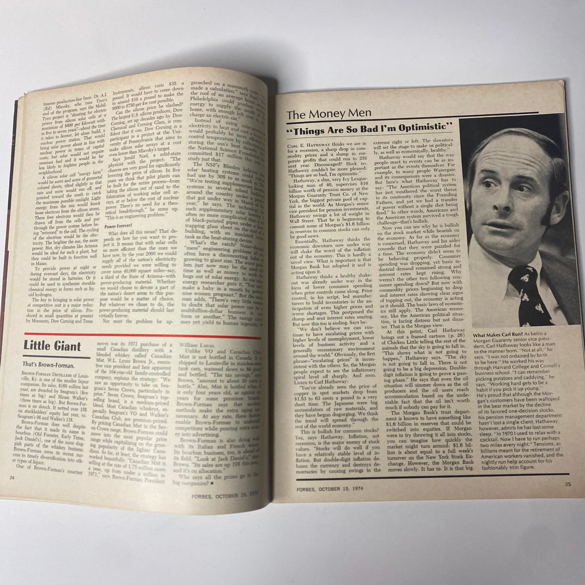 Interior pages of Forbes Magazine October 15, 1974, including an article titled "The Money Men" discussing investment strategies in a fluctuating economy.
