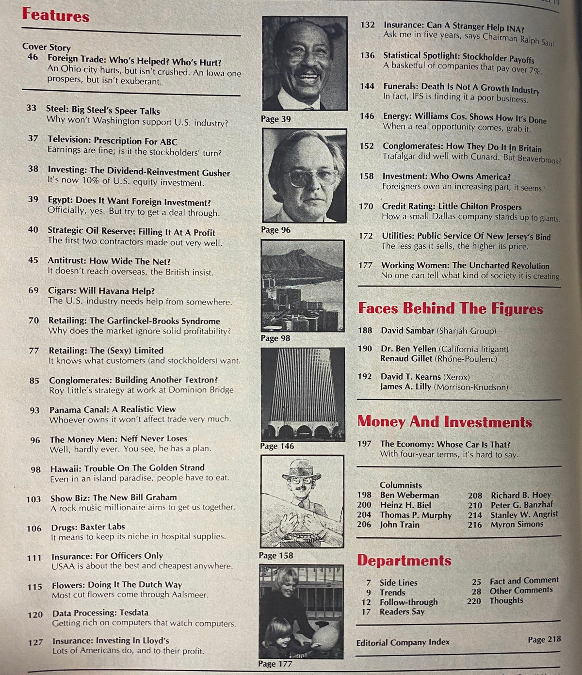 Table of contents of Forbes Magazine November 15, 1977, detailing featured articles including the cover story 'Foreign Trade: Who's Helped? Who's Hurt?'