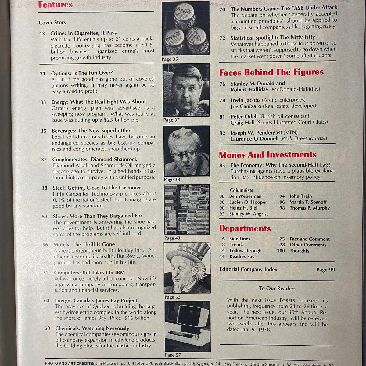 Inside page of Forbes Magazine from December 15, 1977, displaying the table of contents and feature articles including 'Cigarette Bootlegging: Who Says Crime Doesn’t Pay?'. This page highlights notable contributors and topics discussed in the issue.