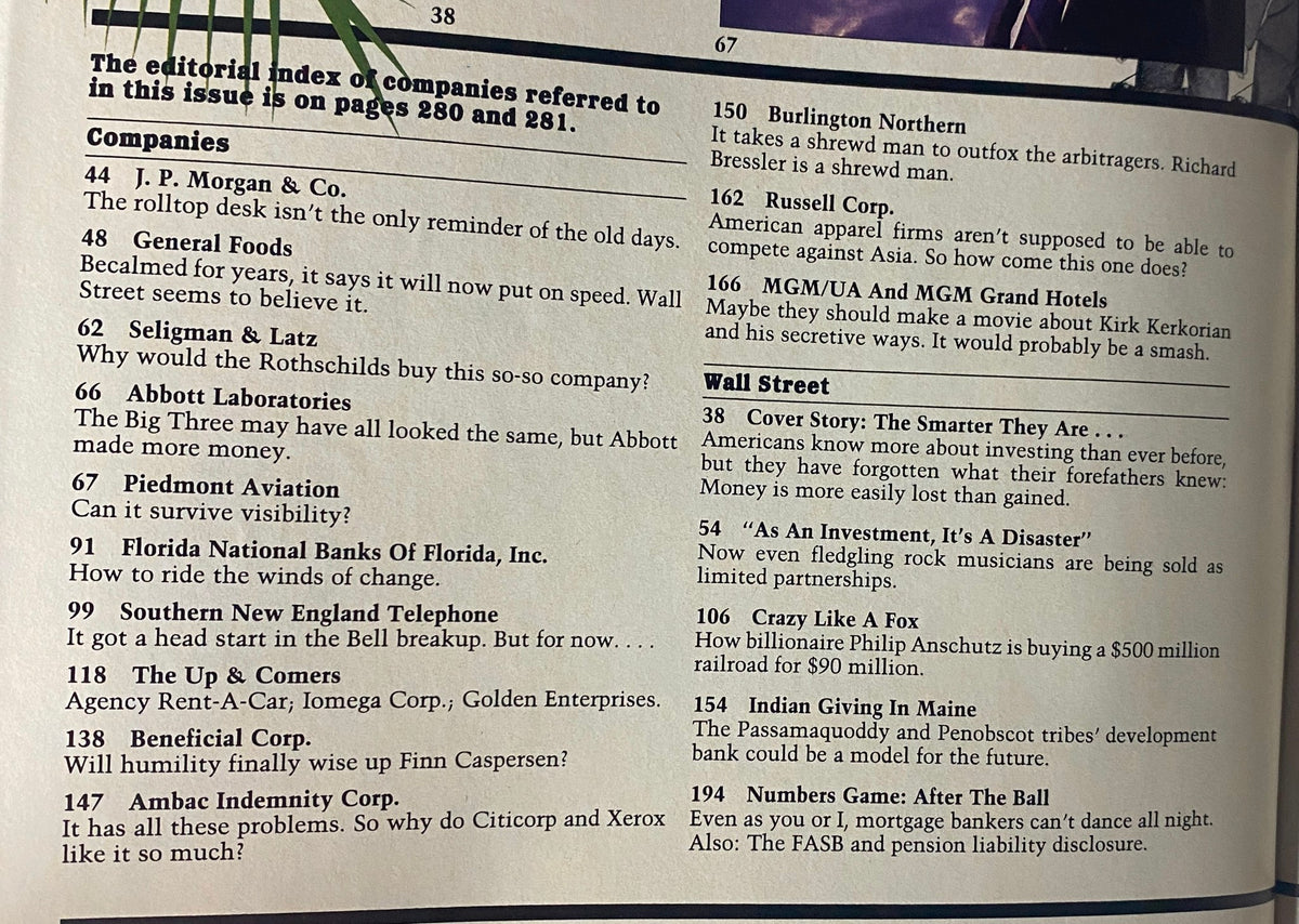 Editorial index of companies featured in Forbes Magazine May 20, 1985, including J.P. Morgan and Wall Street investment themes.