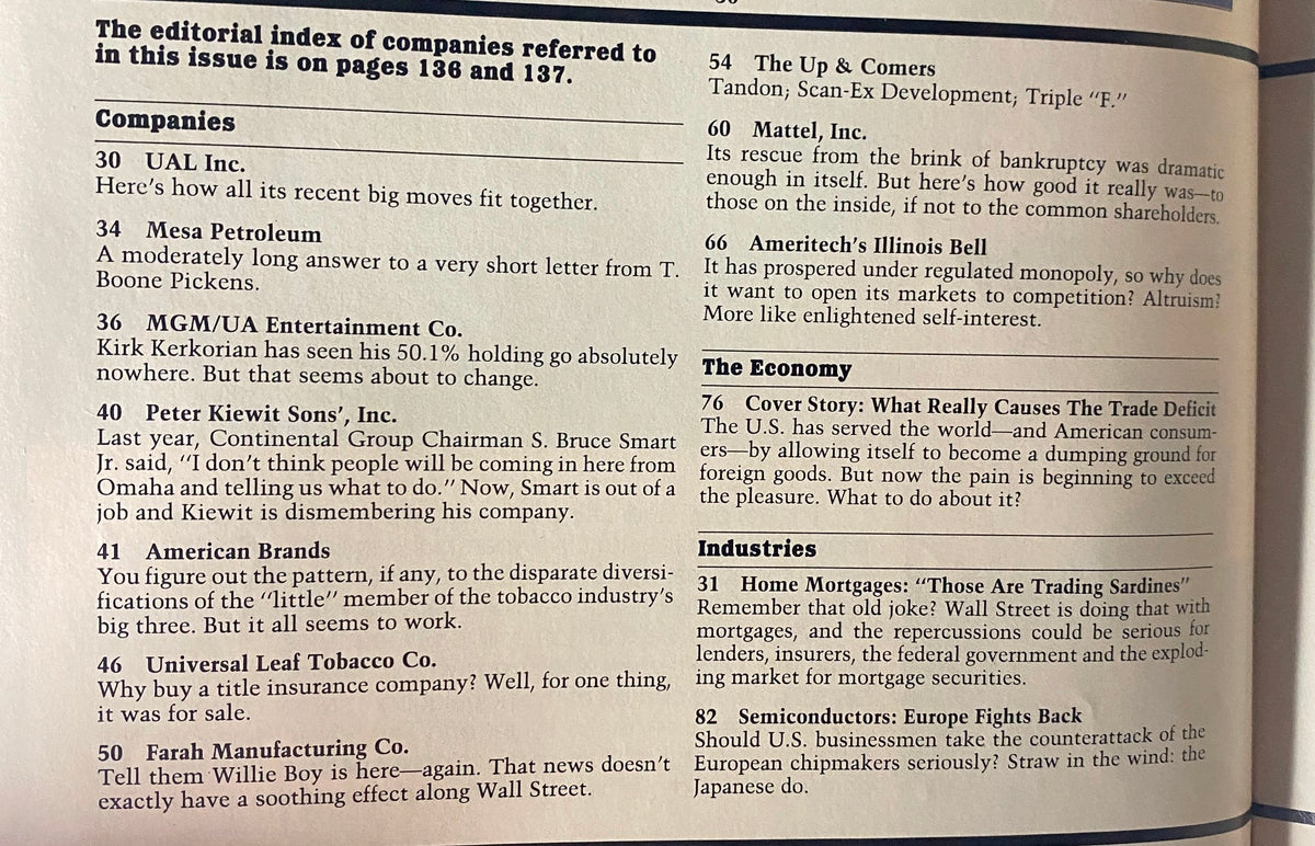 Index page of Forbes Magazine August 12, 1985 featuring companies discussed in the issue, including UAL Inc., Mesa Petroleum, and MGM/UA Entertainment.