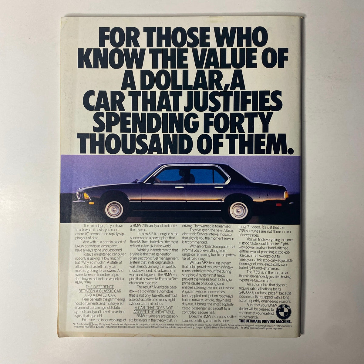 Back cover of Forbes Magazine August 12, 1985 featuring an advertisement for a BMW 735i highlighting luxury and performance for discerning buyers.
