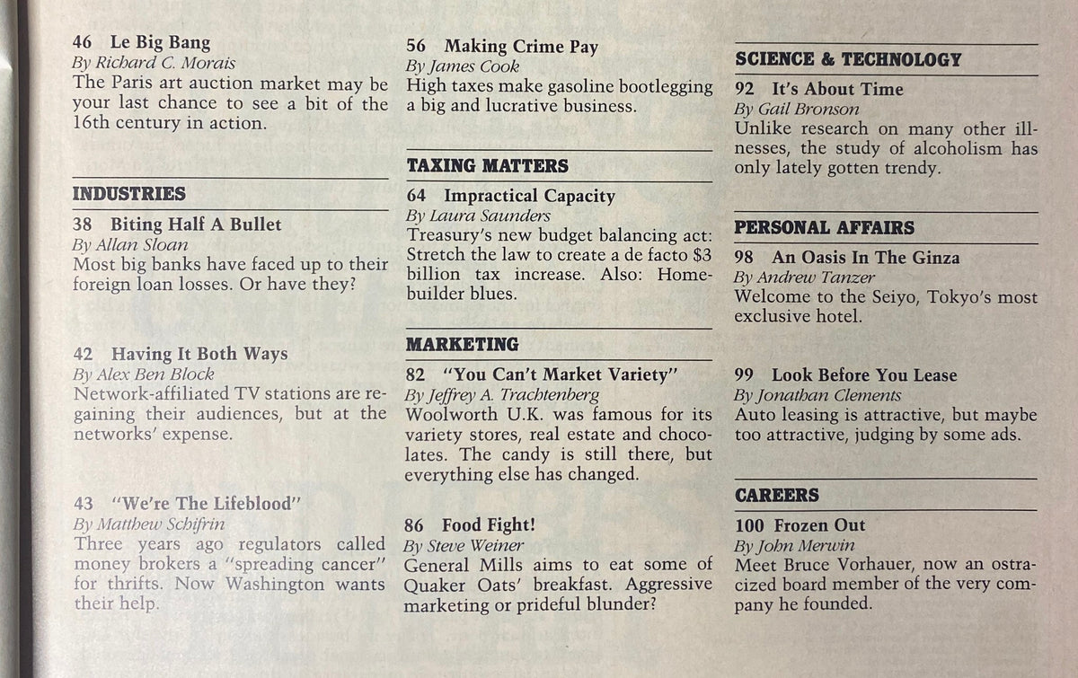 Another index page from Forbes Magazine July 27, 1987, outlining articles on industries, marketing, science, technology, and personal affairs, with a focus on global business insights during Japan's economic boom.