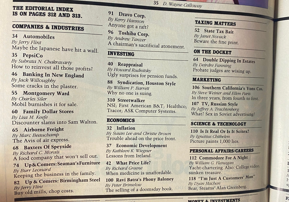 Image of editorial index from Forbes Magazine September 7, 1987, featuring sections on companies, investing, economics, and personal affairs, highlighting key articles and contributors.