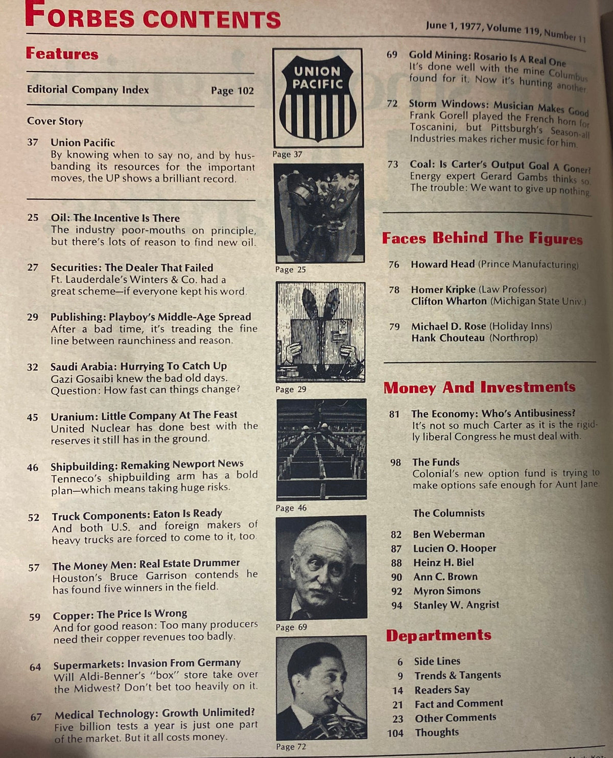 Contents page of Forbes Magazine, June 1, 1977, detailing articles including 'Union Pacific' and other features relevant to finance and industry.