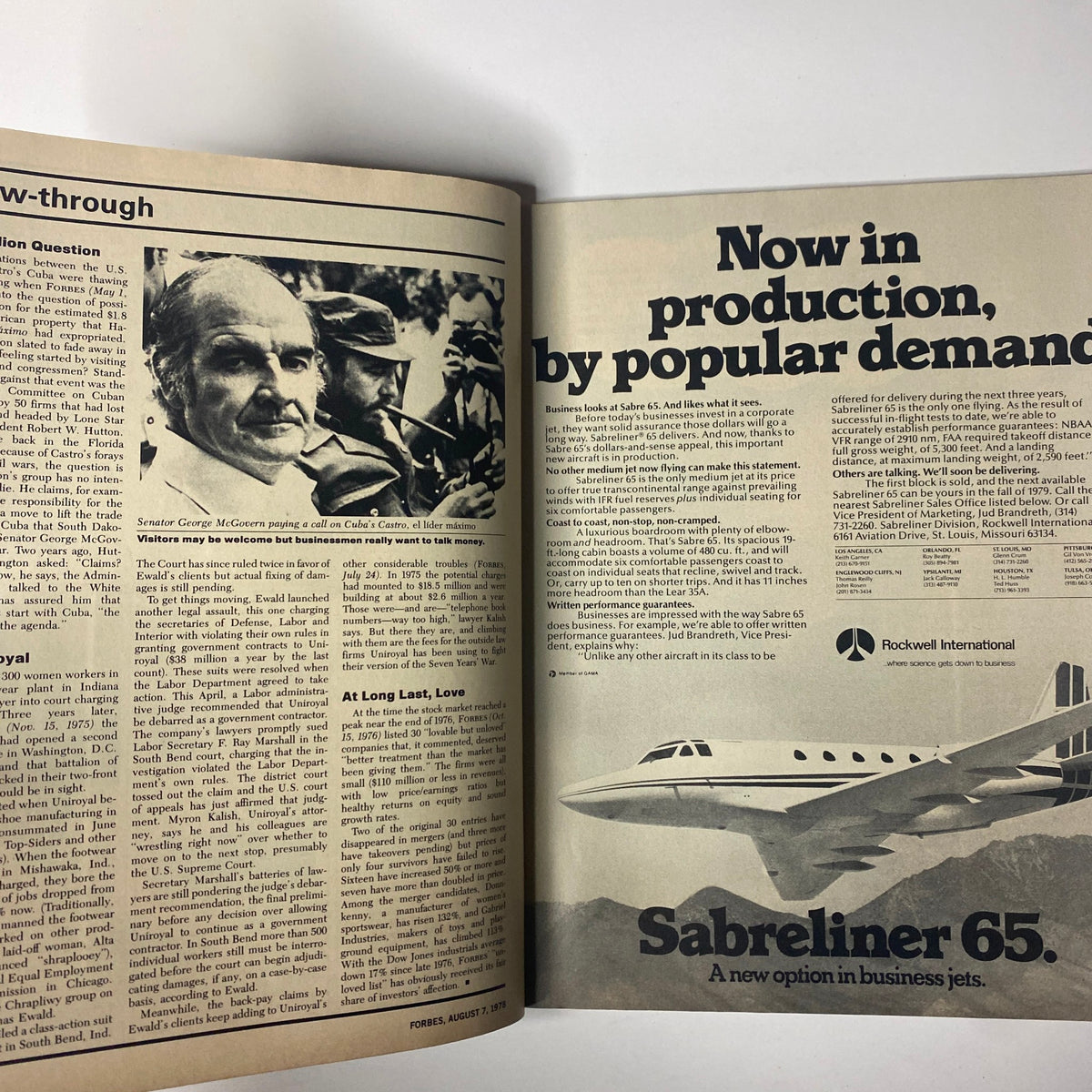 Inside spread of Forbes Magazine August 7, 1978 featuring an article discussing political and business topics, including a notable image of Senator George McGovern.