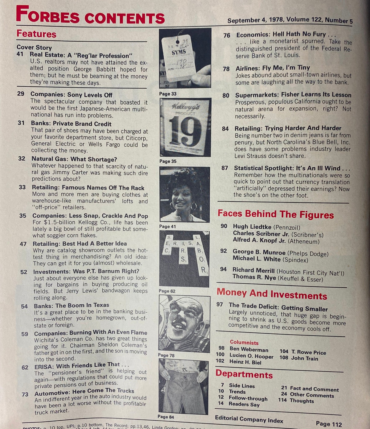 Forbes Magazine September 4, 1978 issue showcasing the table of contents, highlighting features including a cover story on real estate as a profession.