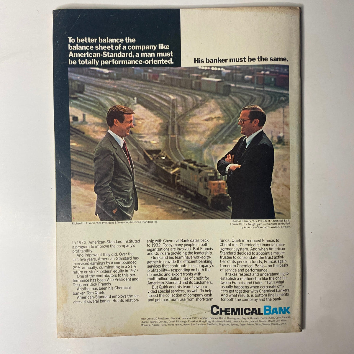 Back cover of Forbes Magazine September 4, 1978, featuring an advertisement for Chemical Bank, reflecting on business performance standards.