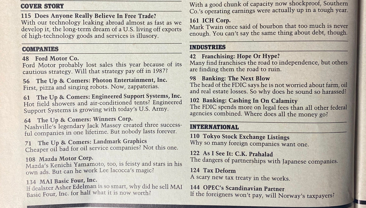 Inside page of Forbes Magazine December 15, 1986, showcasing contents including the cover story 'Does Anyone Really Believe in Free Trade?' and additional articles on corporate strategies and economic policies.