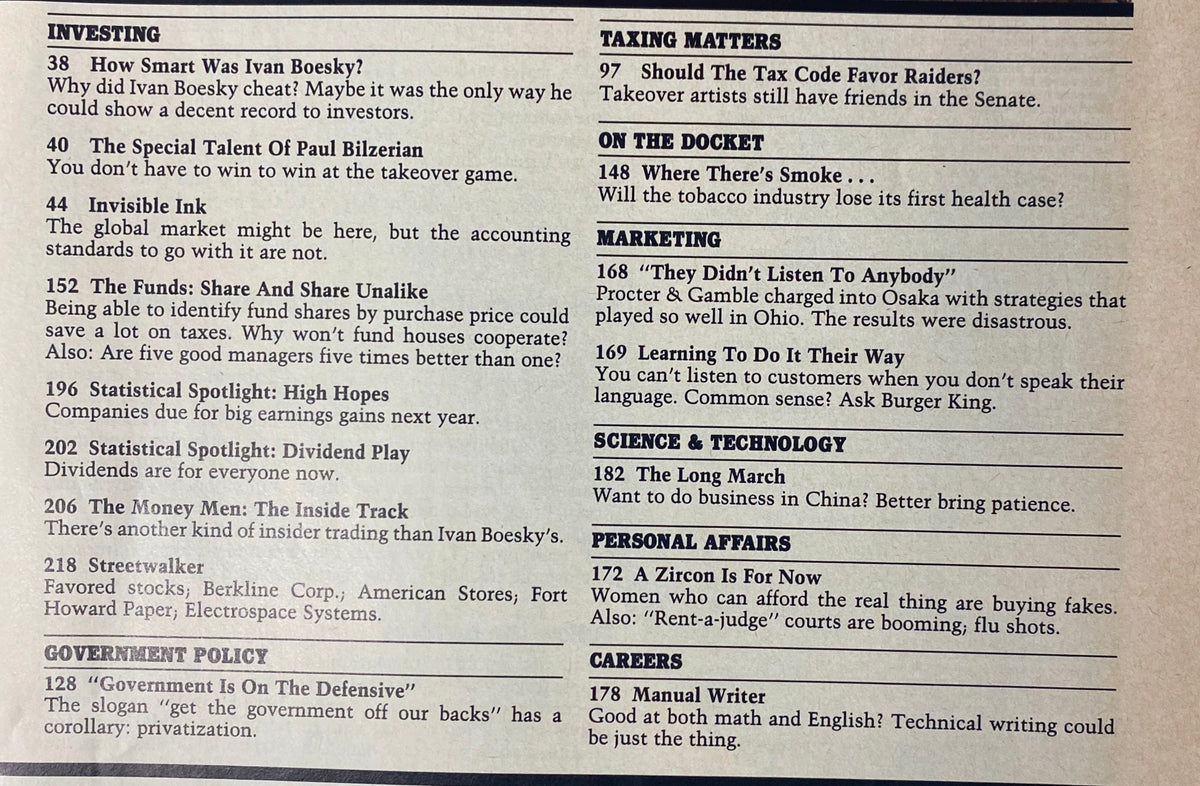 Another inside page of Forbes Magazine December 15, 1986, highlighting various topics such as investing and government policy, valuable for understanding the economic discussions of the time.