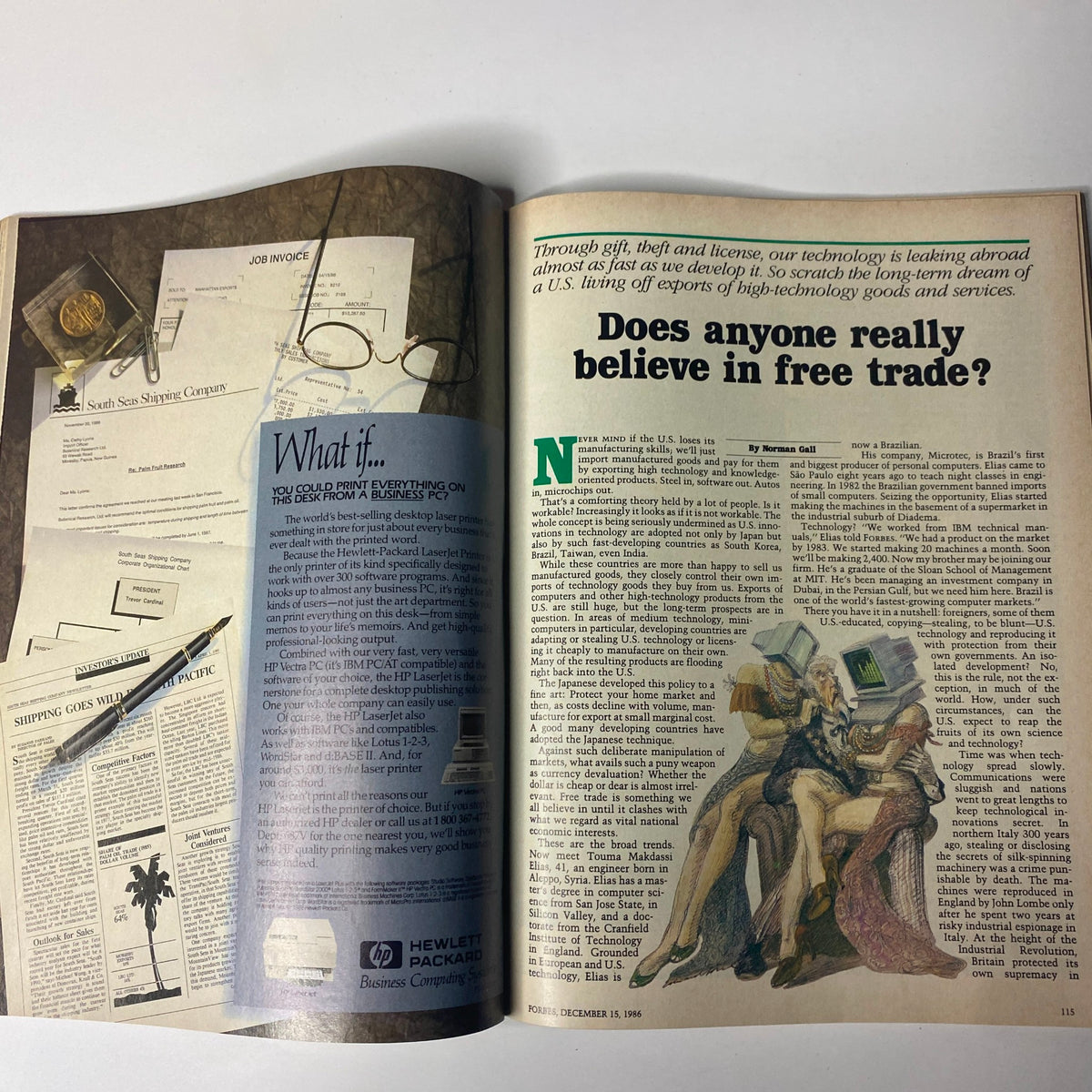 Forbes Magazine December 15, 1986, featuring the article 'Does anyone really believe in free trade?' and showcasing vintage business themes with a desk setting, documents, and glasses.