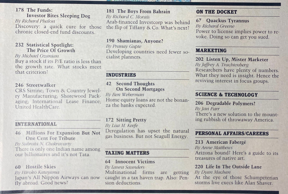 Editorial index page from Forbes Magazine, October 5, 1987, listing referenced companies and articles related to financial insights.