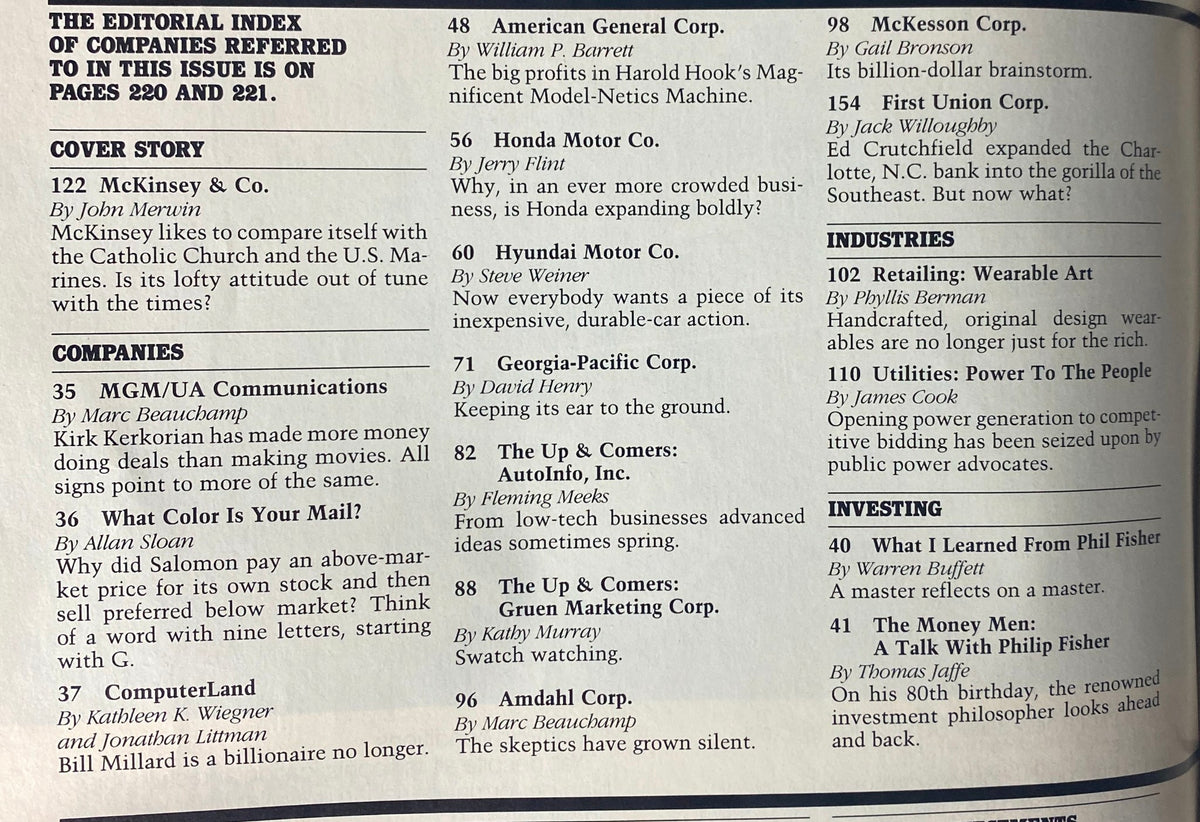 Index page from Forbes October 19, 1987, listing featured companies and articles, including the cover story on McKinsey & Co.