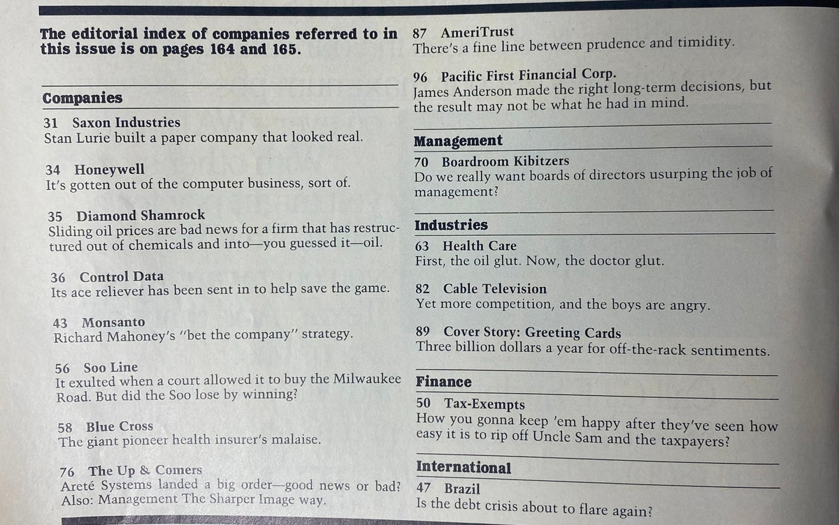 Editorial index from Forbes Magazine February 10, 1986 listing companies and features including 'The Greeting Card Business' as the cover story. It provides insights into significant corporations and topics of the era.