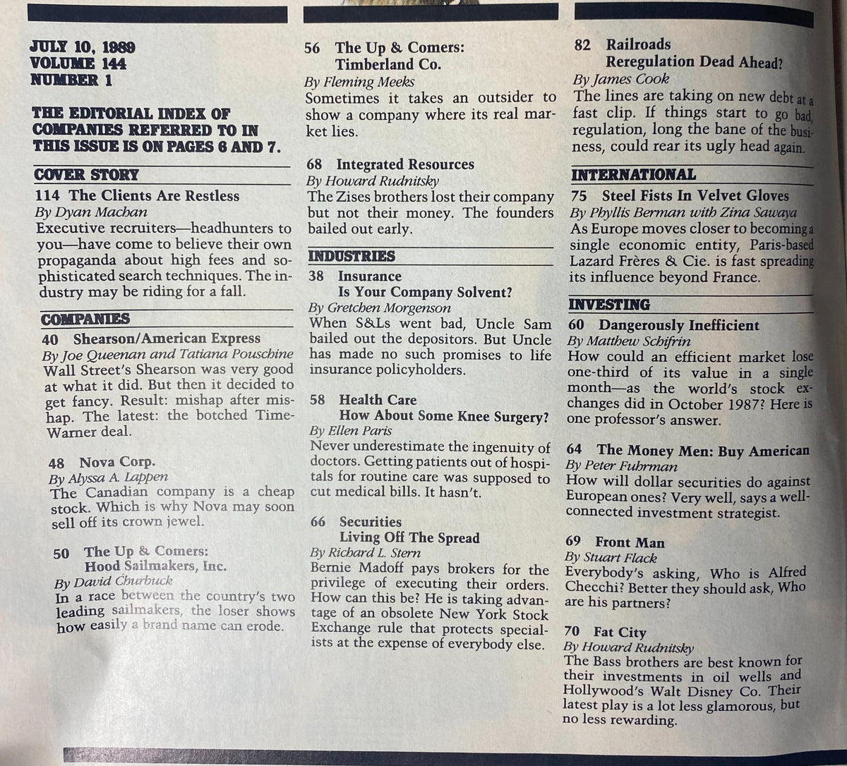 Interior page of Forbes Magazine dated July 10, 1989, displaying the editorial index and articles including 'The Clients Are Restless' cover story, focusing on the fluctuations in the corporate hiring landscape.