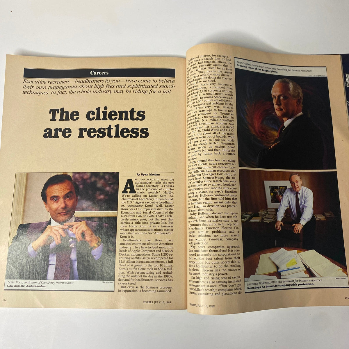 Article page in Forbes Magazine from July 10, 1989, featuring the headline 'The clients are restless,' exploring executive recruitment and market shifts during a pivotal time in finance.