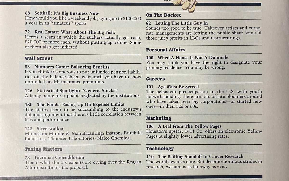 Editorial content page of Forbes Magazine, July 15, 1985, with articles related to corporate features and the changing business landscape.