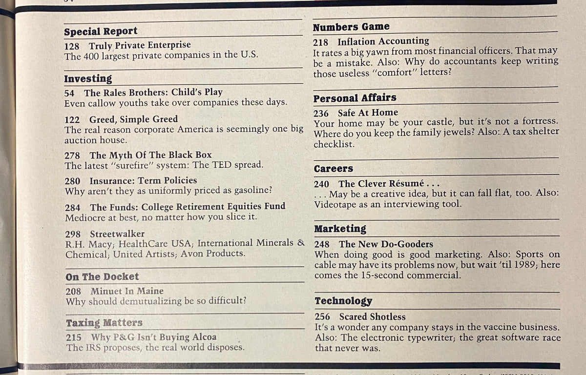 Another index page from Forbes Magazine November 18, 1985, detailing sections on special reports, investing, personal affairs, careers, marketing, and technology.