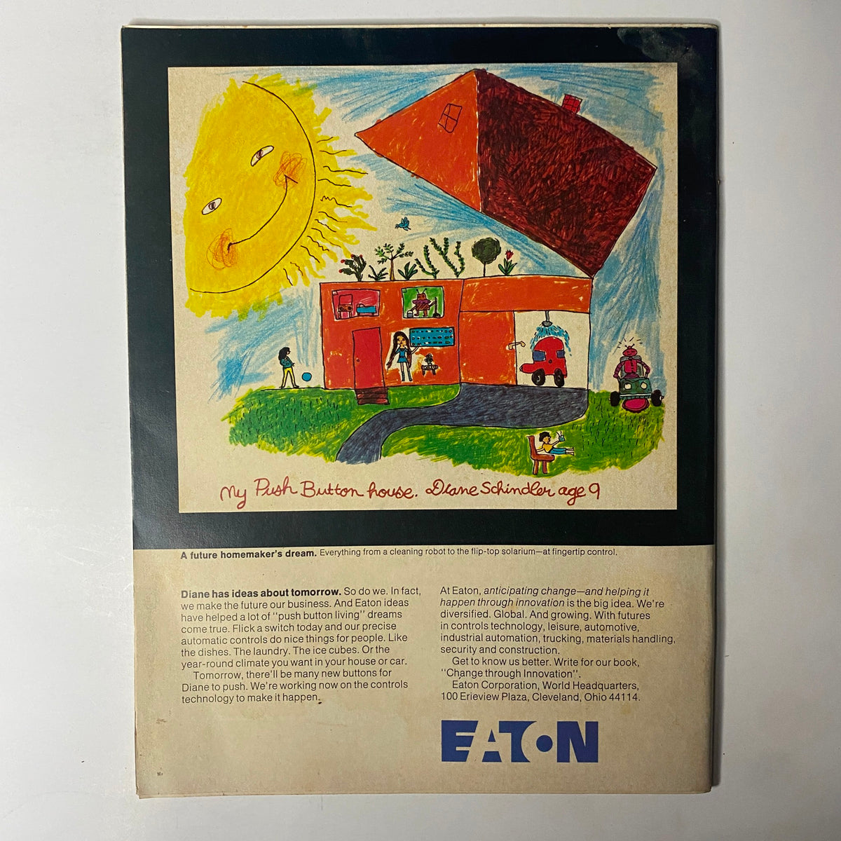Back cover of Forbes Magazine, February 15, 1974, featuring a child's drawing with a sunshine and a house, along with an advertisement for Eaton.