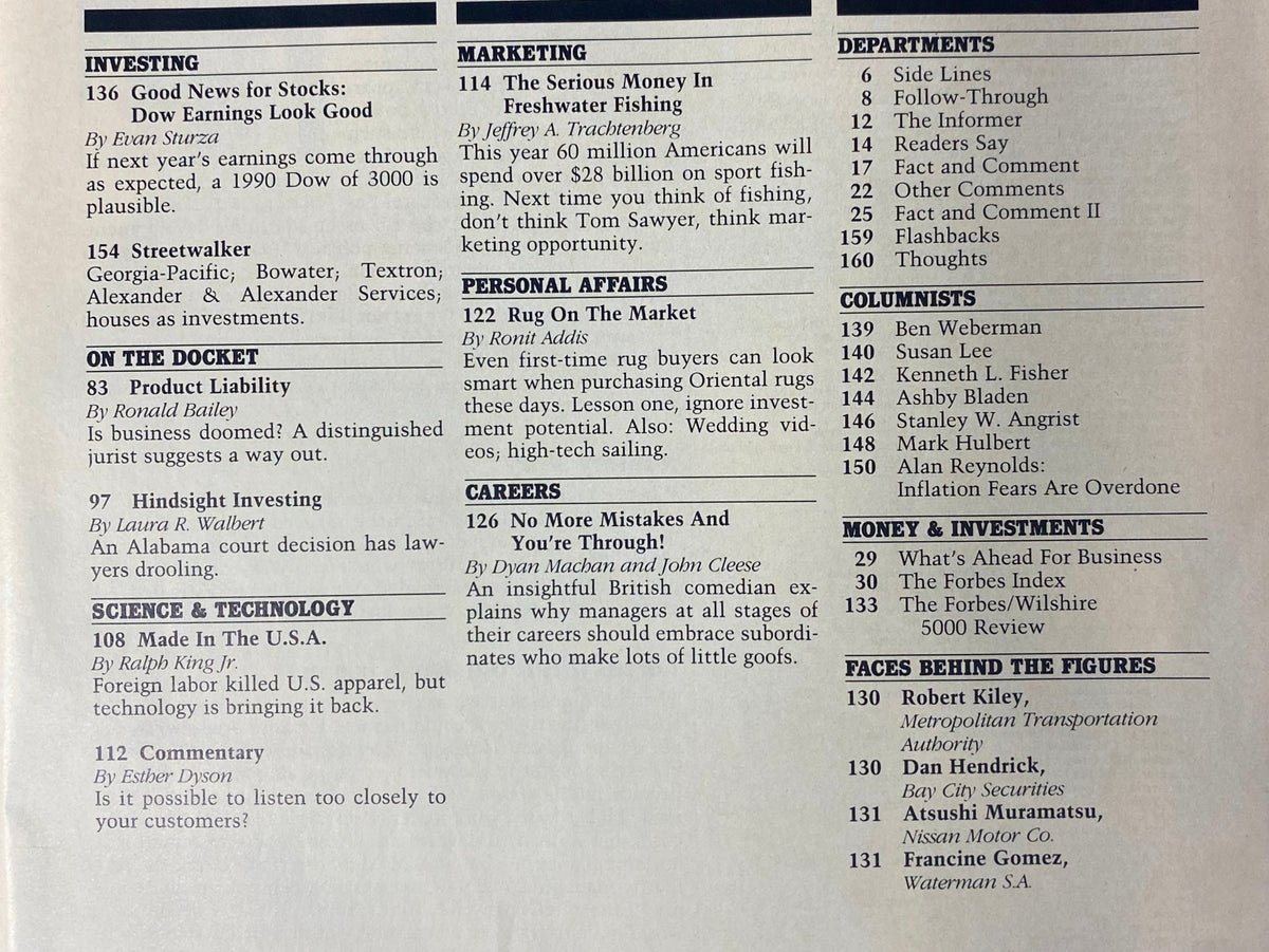 Another interior page from Forbes Magazine, May 16, 1988, detailing articles on investing, industries, and corporate insights.