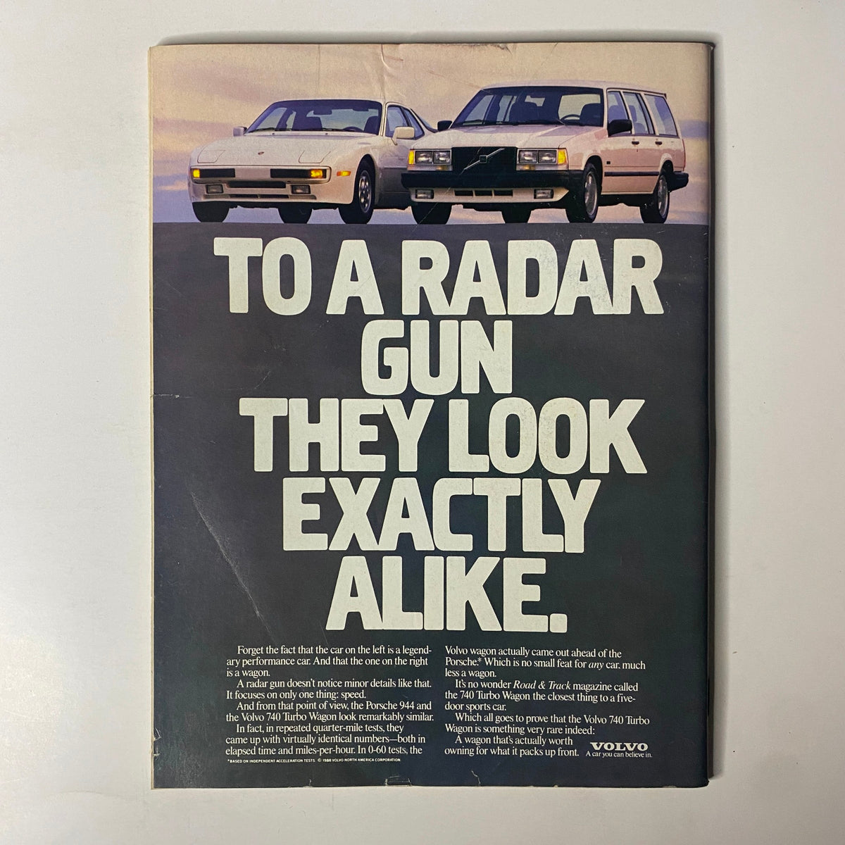 Back cover of Forbes Magazine, May 16, 1988, featuring an advertisement with the tagline 'To a radar gun, they look exactly alike.' including images of cars.