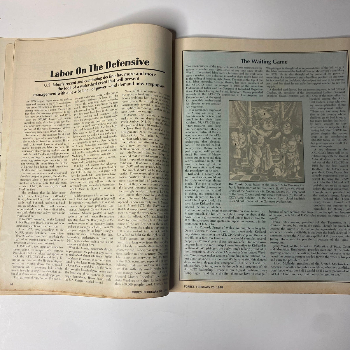 Interior page of Forbes Magazine February 20, 1978 featuring the article 'Labor On The Defensive' discussing the challenges facing U.S. labor unions.