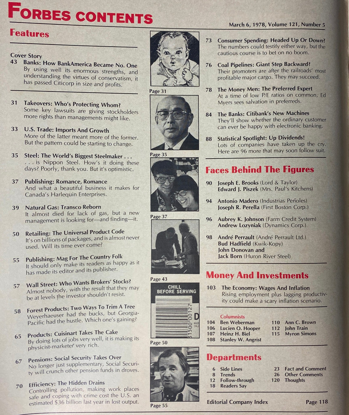 Contents page of Forbes Magazine from March 6, 1978, detailing the features such as 'Banks: How BankAmerica Became No. One' alongside other financial articles relevant to the economic landscape of the time.