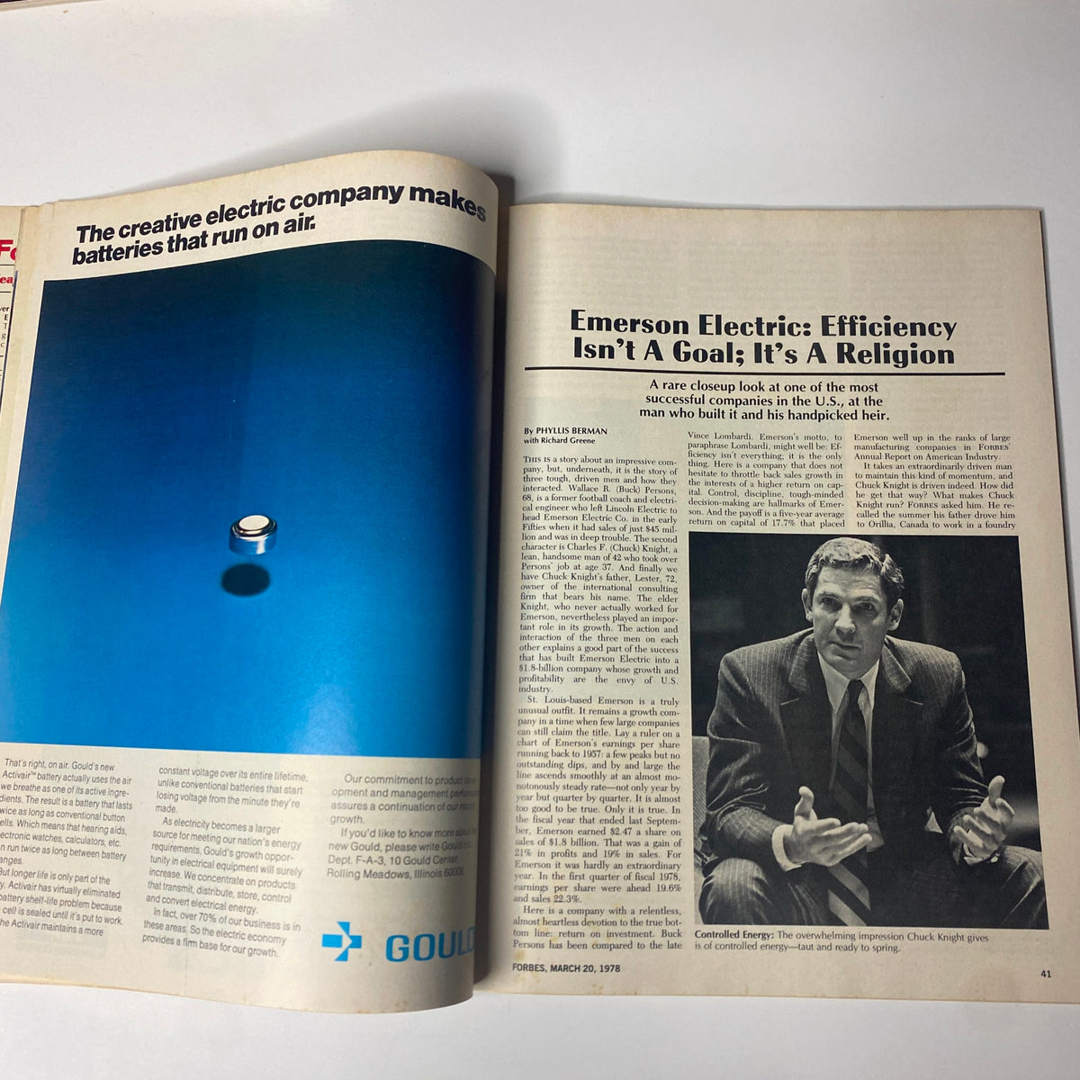 Inside page of Forbes Magazine March 20, 1978, highlighting Emerson Electric with the article titled 'Efficiency Isn’t A Goal; It’s A Religion,' showcasing a corporate portrait of Chuck Knight.