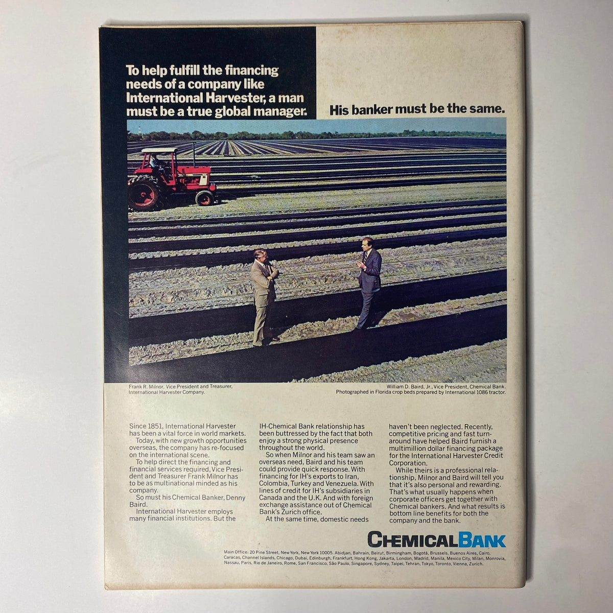 Back page of Forbes Magazine from March 20, 1978, featuring an advertisement for Chemical Bank, discussing financing needs for companies like International Harvester.