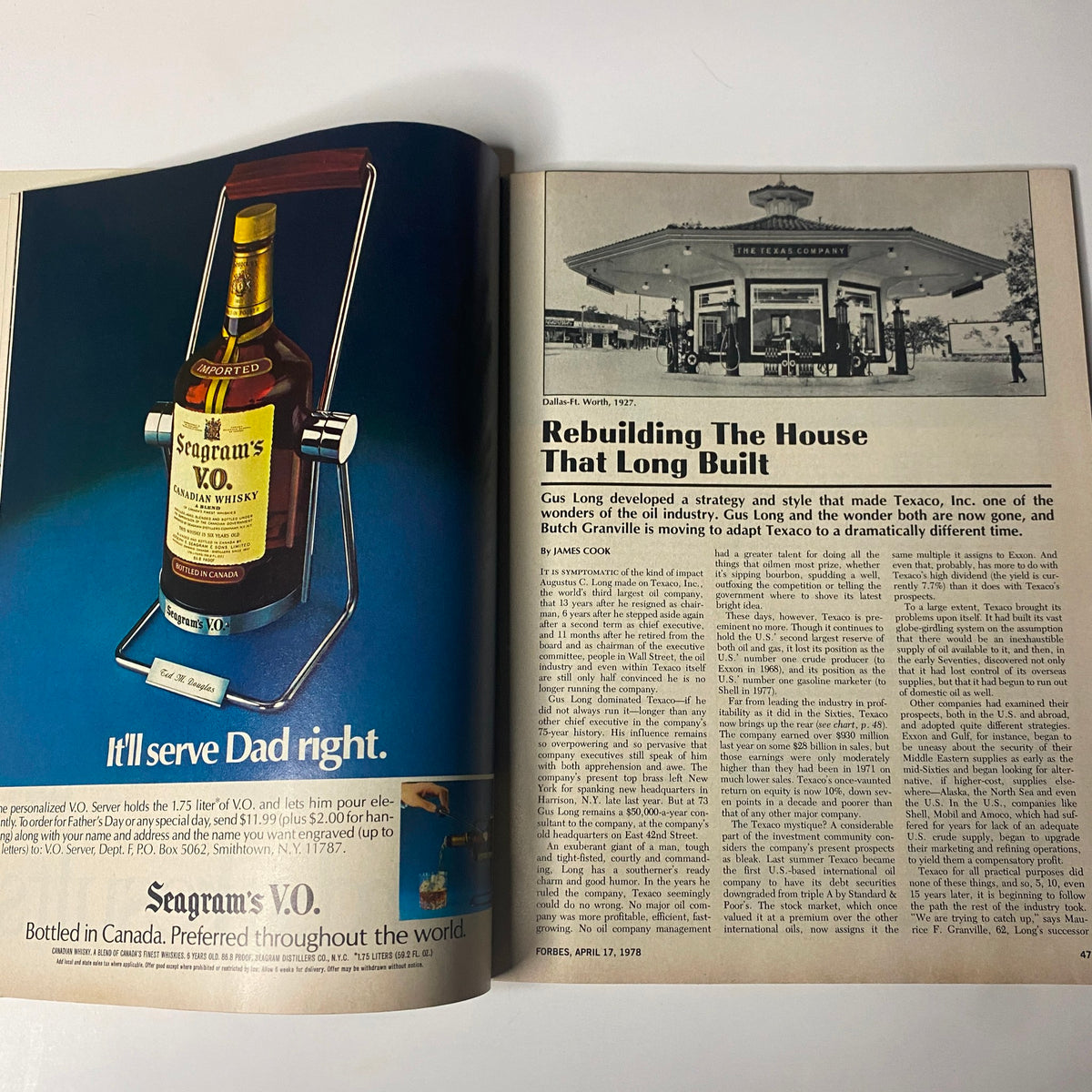 Interior pages of Forbes Magazine dated April 17, 1978, featuring an advertisement for Seagram's Canadian Whisky alongside an article titled 'Rebuilding The House That Long Built' about Texaco.