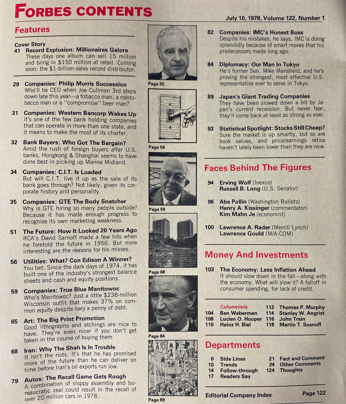 Forbes Magazine July 10, 1978 Record Explosion: Millionaires Galore contents page showcasing featured articles and topics from that issue, including company leadership changes and economic analysis.