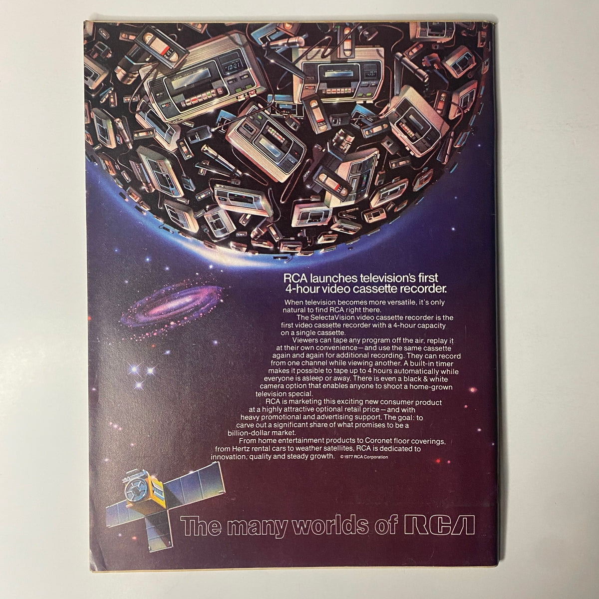 Forbes Magazine January 23, 1978 showcasing the back cover promoting RCA's launch of the first 4-hour video cassette recorder in a creative space-themed design.