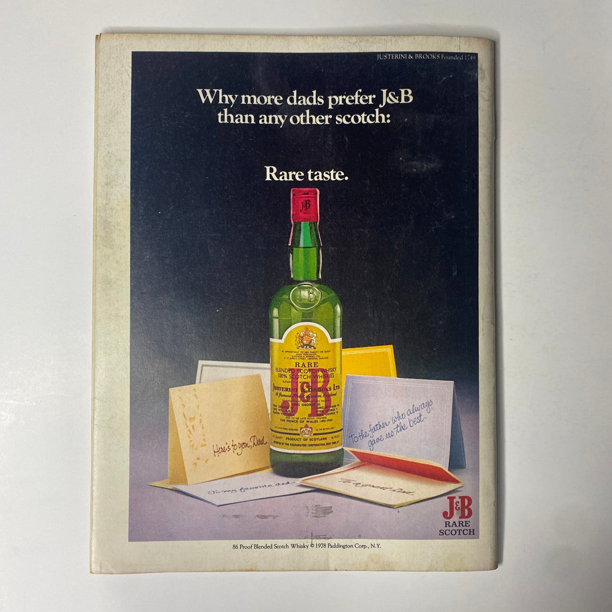 Back cover advertisement of Forbes Magazine June 12, 1978 promoting J&B Rare Scotch with a visual of the bottle and greeting cards.