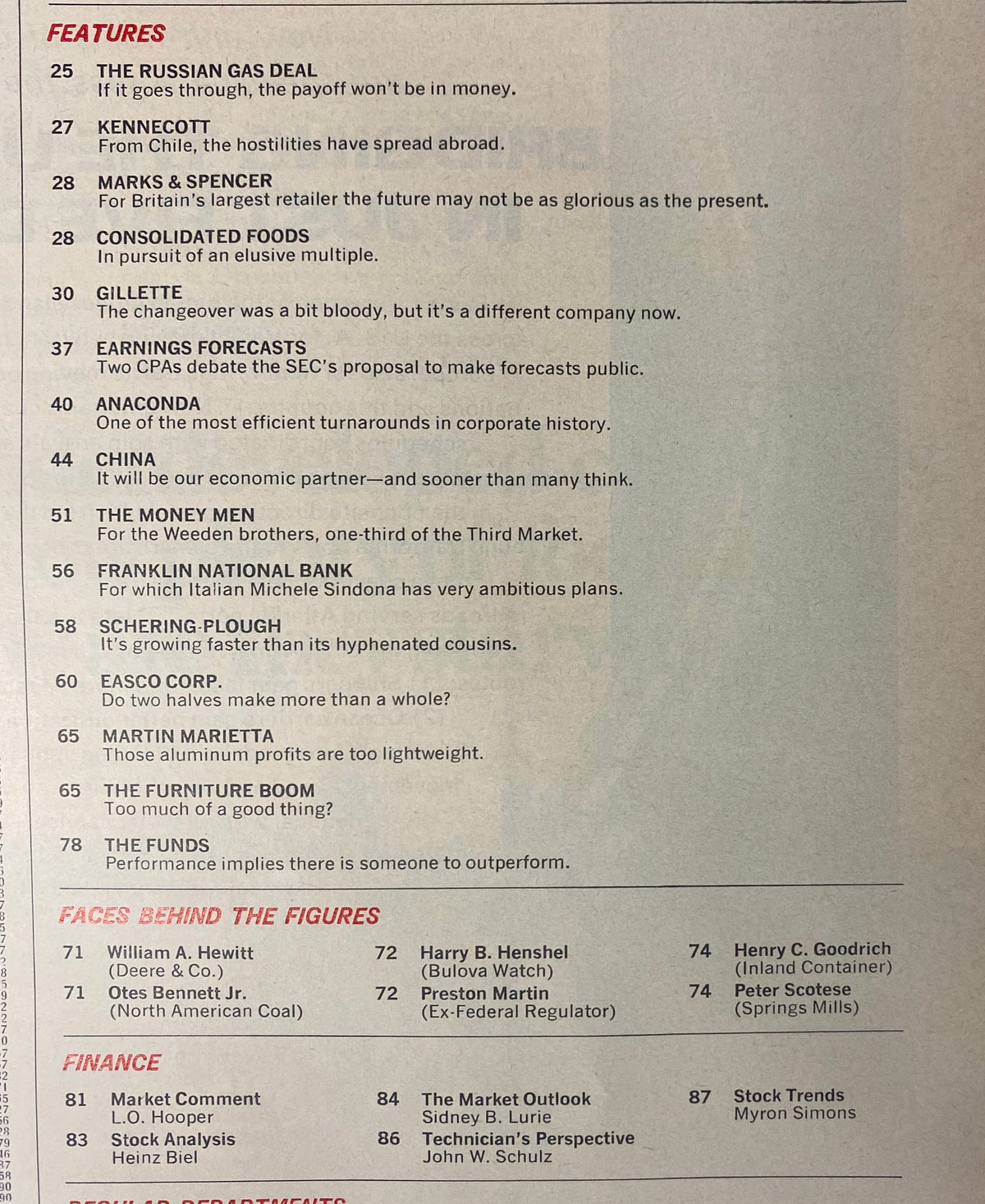 Table of contents page from Forbes Magazine dated December 1, 1972, highlighting features like 'The Russian Gas Deal' and 'Kennecott' with a recap of significant business topics of the time.