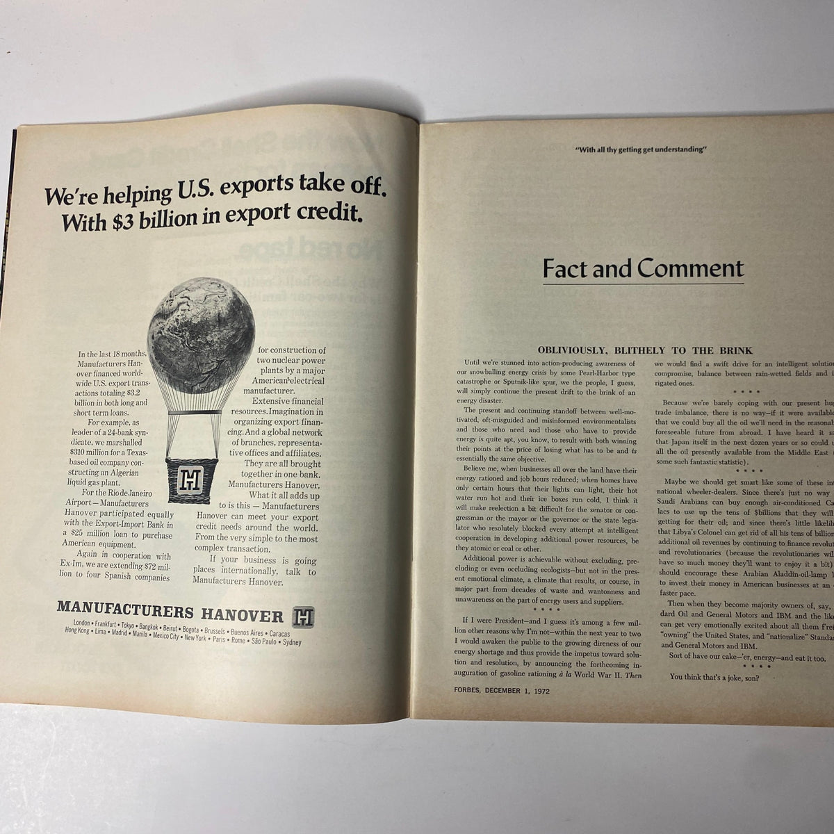Inside view of Forbes Magazine from December 1, 1972, showcasing an advertisement for Manufacturers Hanover, emphasizing support for U.S. exports and international trade development.