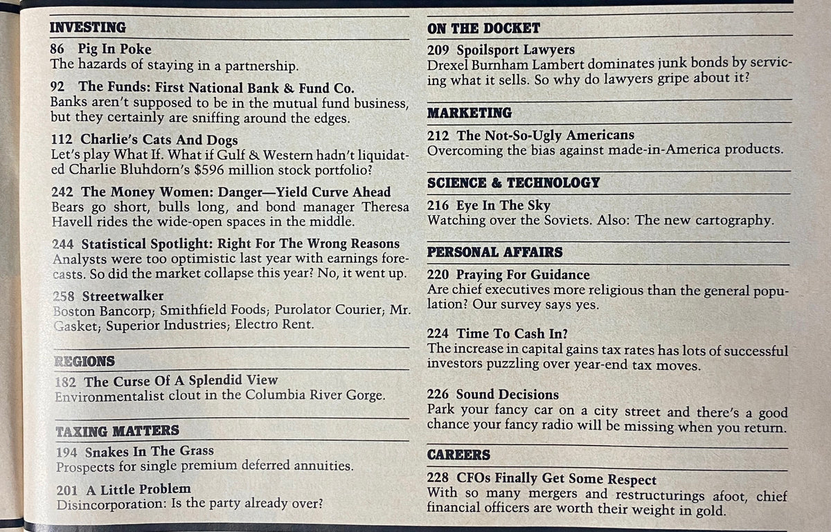 Investing section of Forbes Magazine December 1, 1986 featuring articles on finance and investment risks, alongside insight into companies and trends during the 1980s.