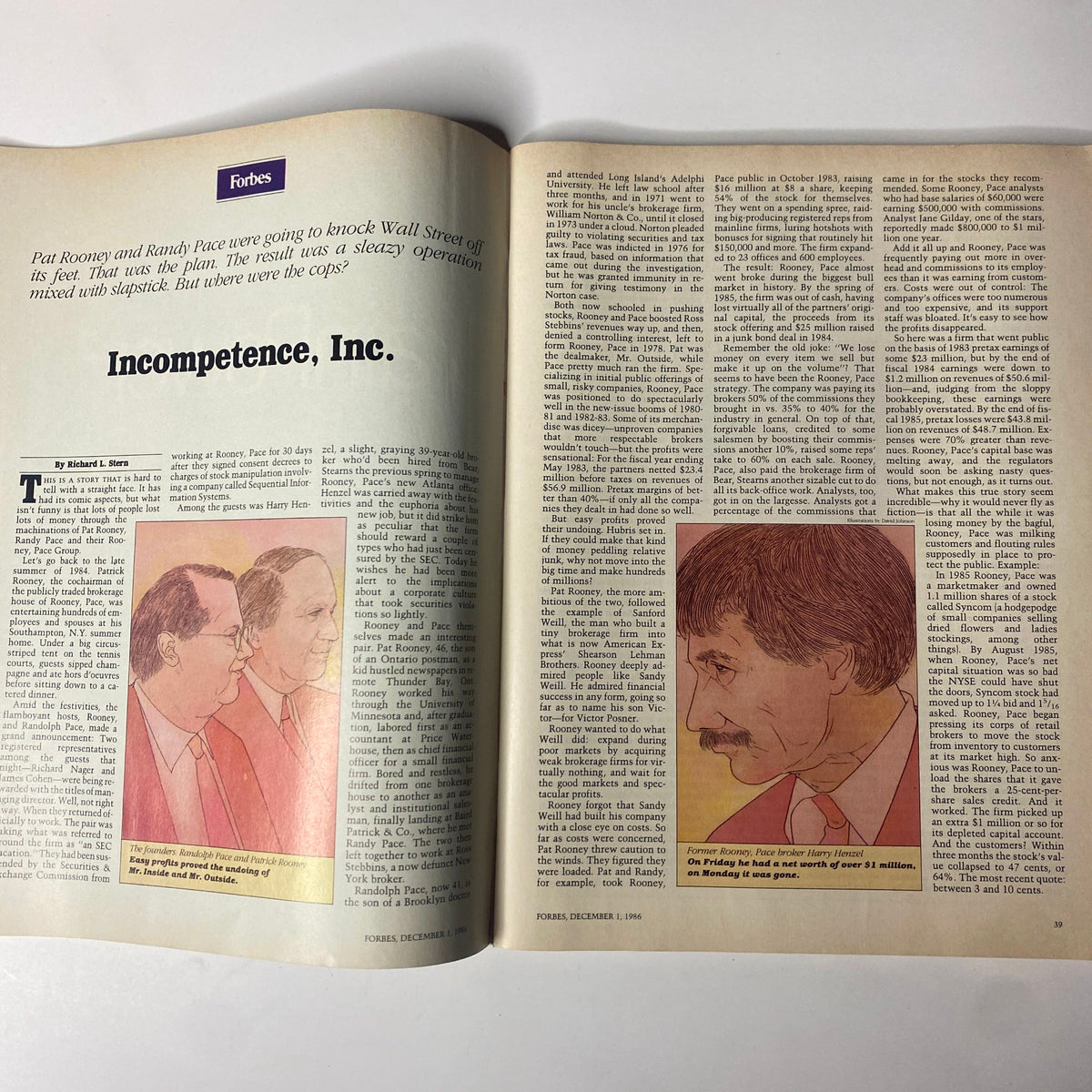 Article titled 'Incompetence, Inc.' from Forbes Magazine December 1, 1986, discussing the downfall of Pat Rooney and Randy Pace, depicting them alongside illustrations emphasizing their controversial financial actions.