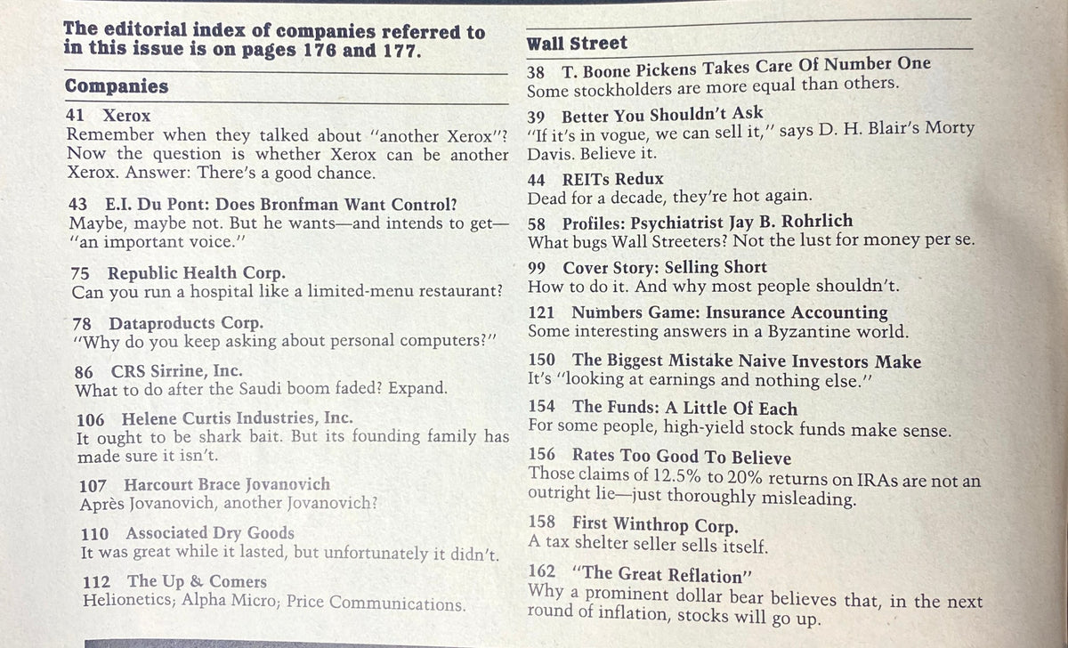 Editorial index of companies from Forbes Magazine April 22, 1985, listing companies such as Xerox and E.I. Du Pont, along with topics covered in this issue.