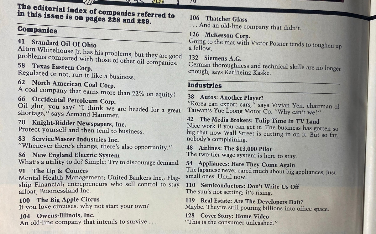 Interior index page from Forbes Magazine June 17, 1985 listing companies and industries featured in the issue, highlighting the impact of the VCR on consumer culture.